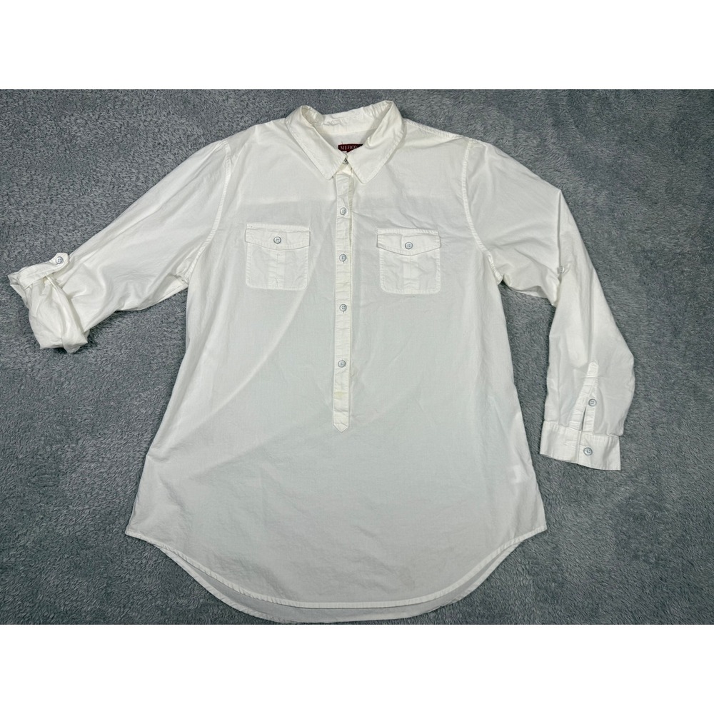 Merona Tunic Shirt‎ Womens Large White Good Cotton Roll Tab Sleeve Poplin Henley